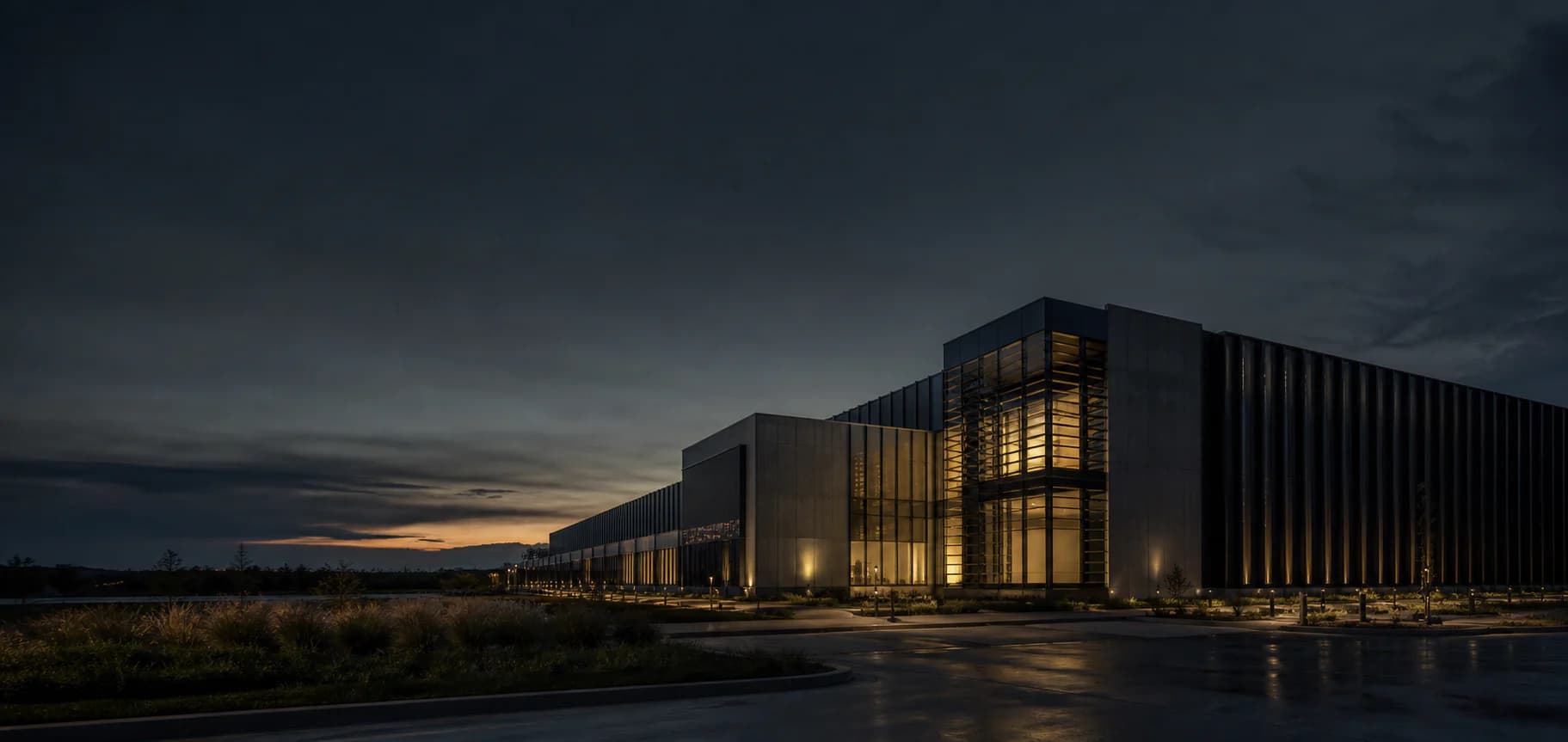 A data center campus illuminated at dusk