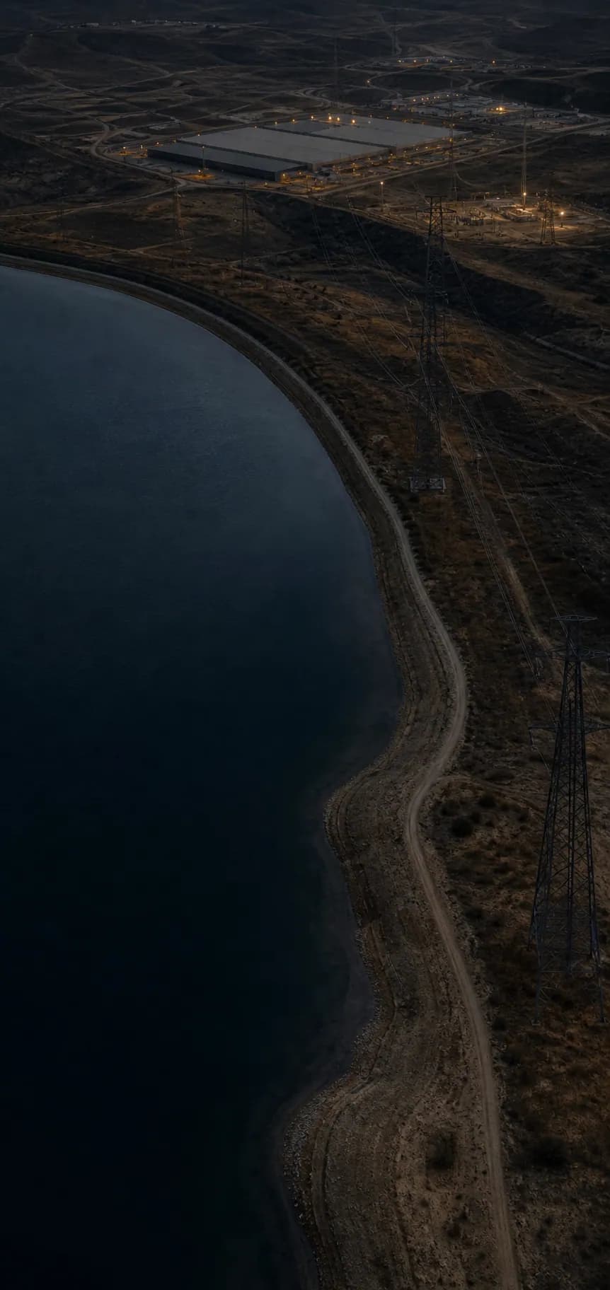 Power infrastructure and a reservoir near a data center campus