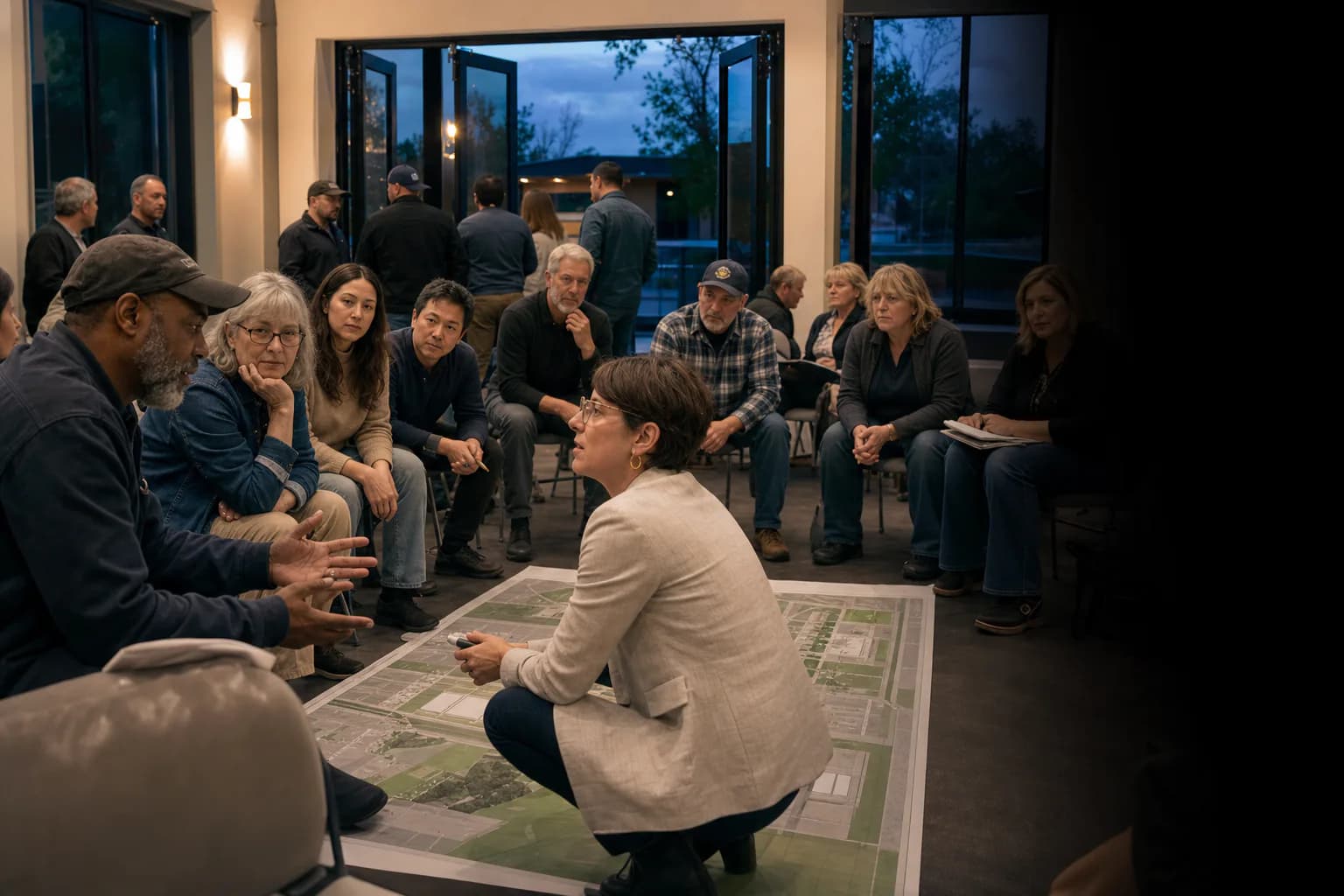 Residents and local leaders discuss a site map during an evening community meeting.