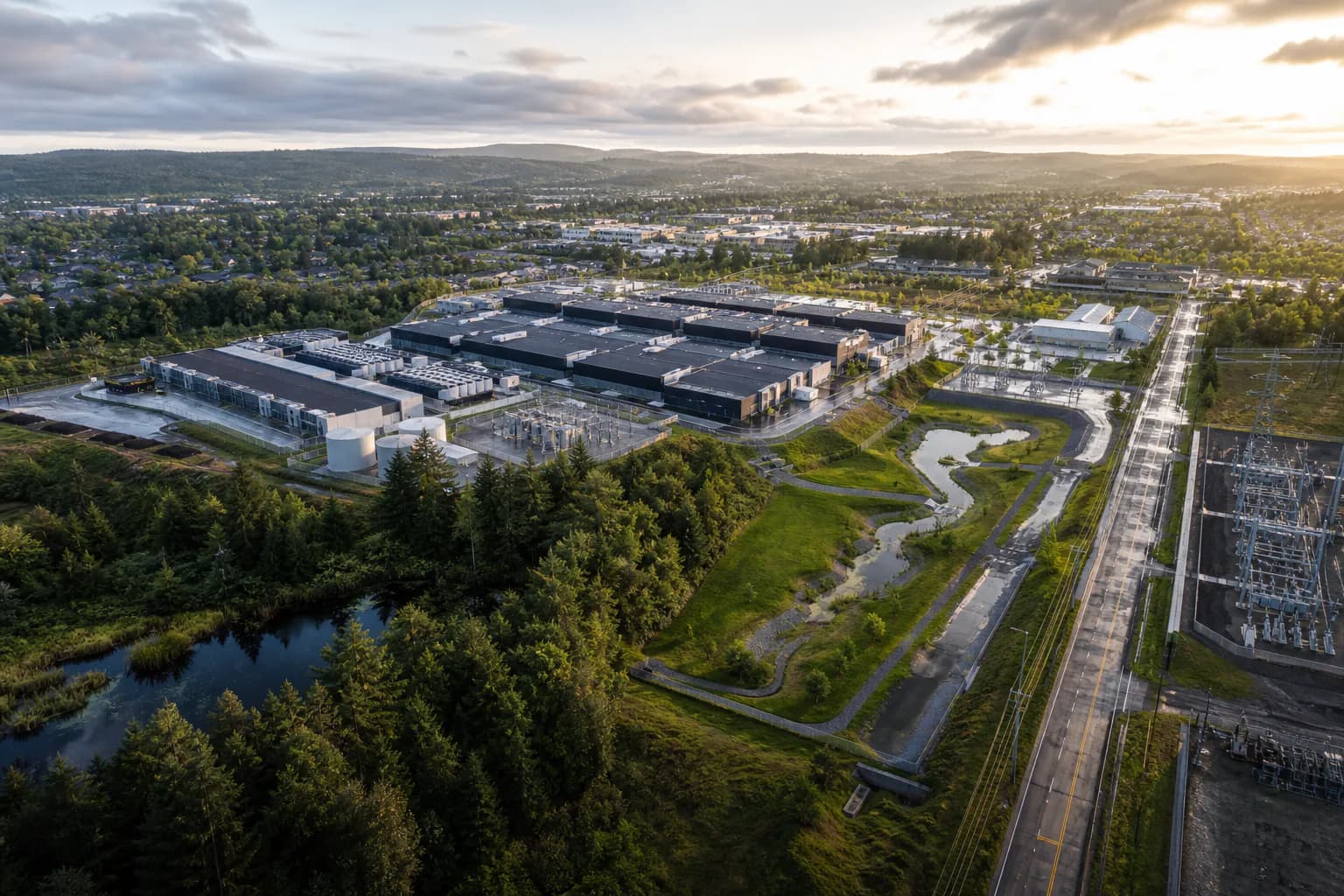 Aerial view of a data-center campus, utility infrastructure, woodland, and nearby neighborhoods.