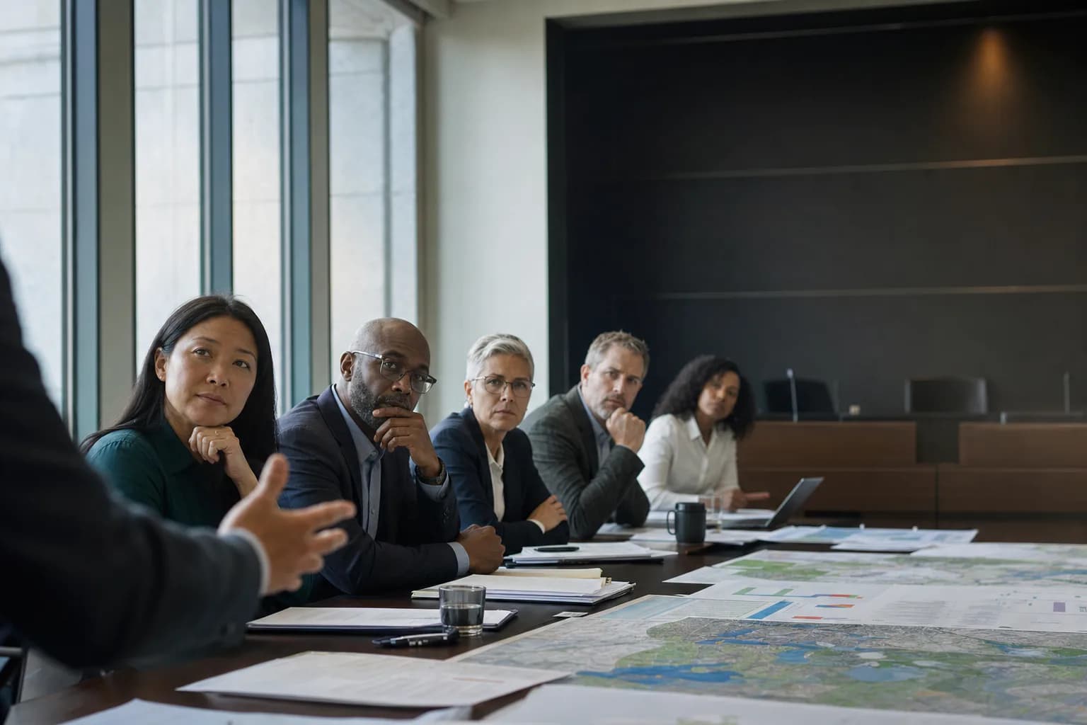 Local leaders study planning documents during a municipal workshop.