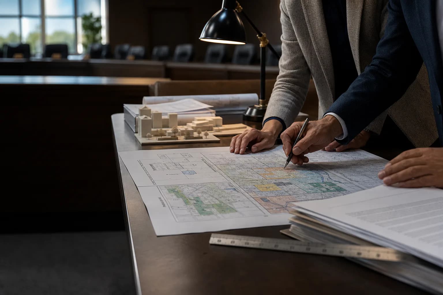 Policy professionals annotate a zoning plan and agreement documents at a planning desk.