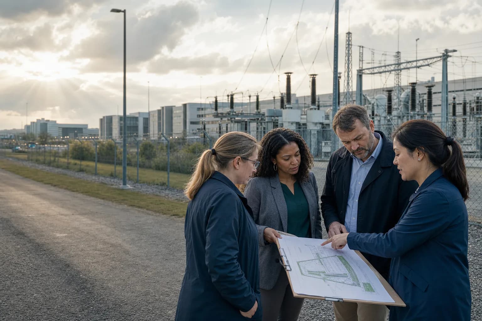 Municipal infrastructure professionals review a site plan beside an electrical substation.